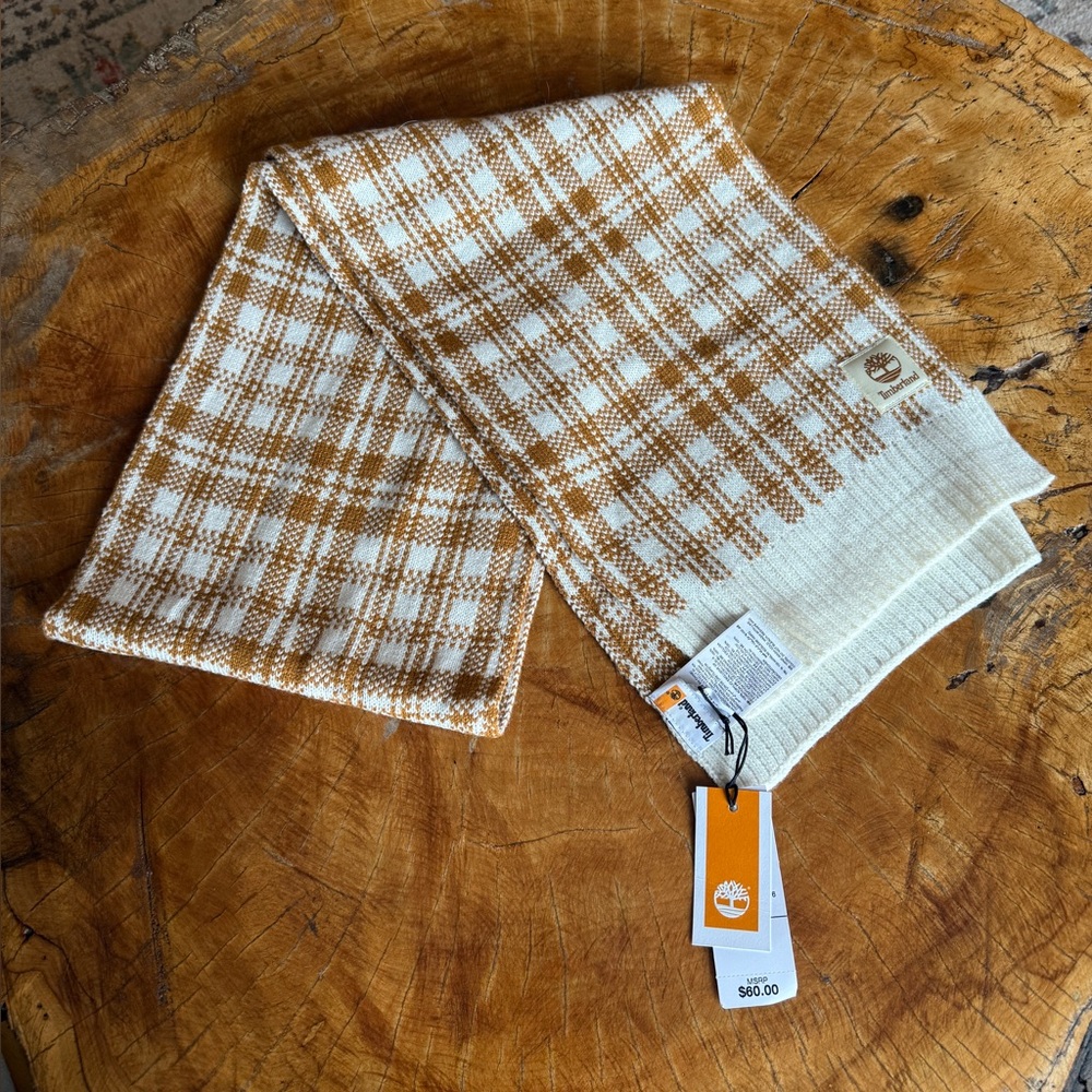 Timberland Plaid Knit Scarf NWT Brown and White/Cream